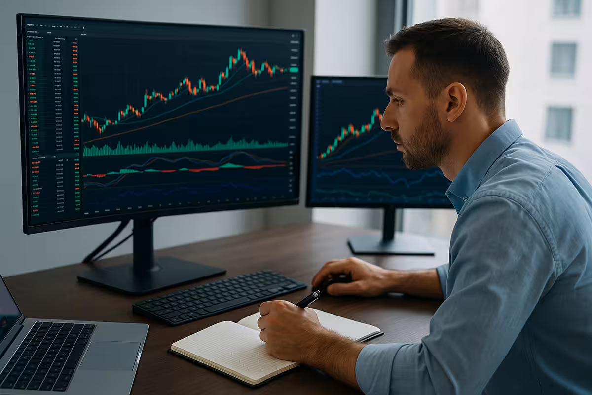 Photorealistic image of a trader at a modern desk with multiple monitors showing charts, a laptop, smartphone, notepad, and coffee, symbolizing essential components of a profitable trading routine.