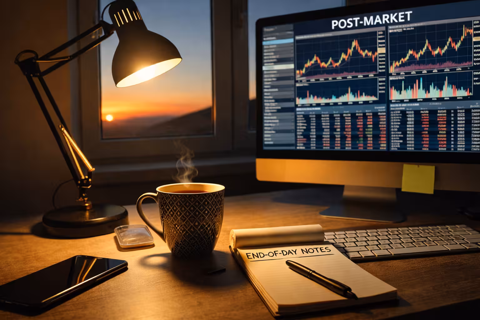 Post-market trading desk setup with computer displaying stock charts, sunset window view, desk lamp, coffee mug, and end-of-day notes on a wooden workspace.
