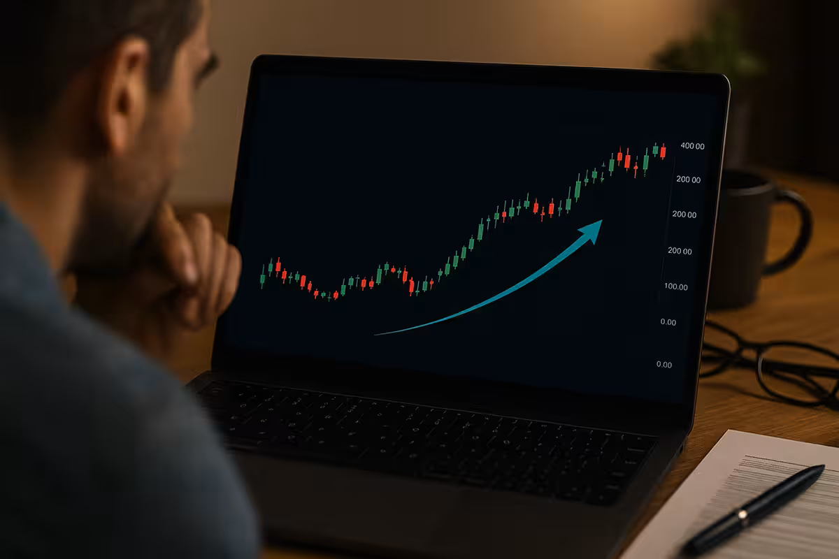 Man studying candlestick chart on laptop with rising trend line.