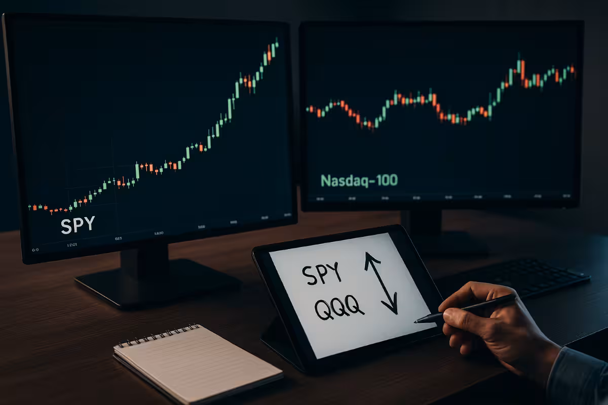 Photorealistic image of a trading desk with two monitors showing SPY spiking upward and Nasdaq-100 moving sideways, while a tablet displays handwritten trade notes with arrows for short SPY and long QQQ, symbolizing an example trade setup.
