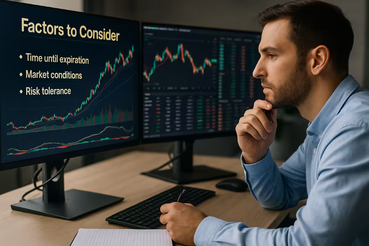 A financial analyst reviewing multiple holographic charts and risk factors in a modern trading environment, symbolizing key considerations before making a Roll vs. Close decision.