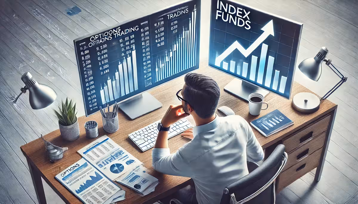 A man at a desk analyzes financial data on three monitors showing charts labeled Options Trading vs. Index Funds. The scene conveys focus and analysis.