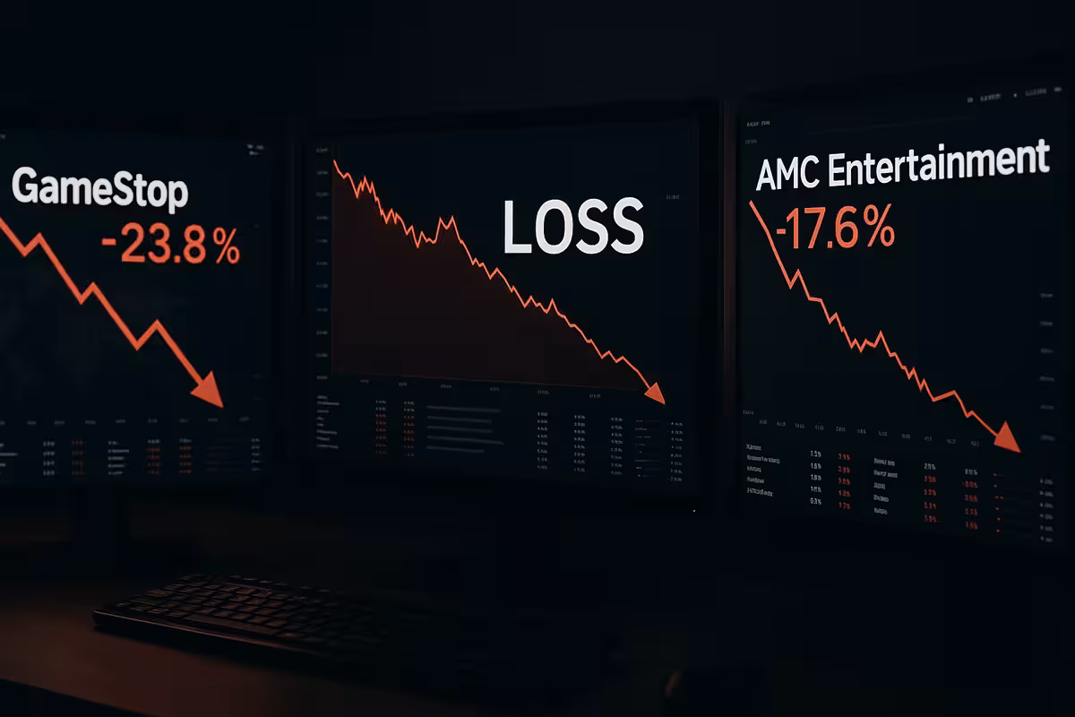 Three widescreen monitors display red stock charts showing sharp declines in meme stocks GameStop and AMC, symbolizing famous meme stock options gone wrong.