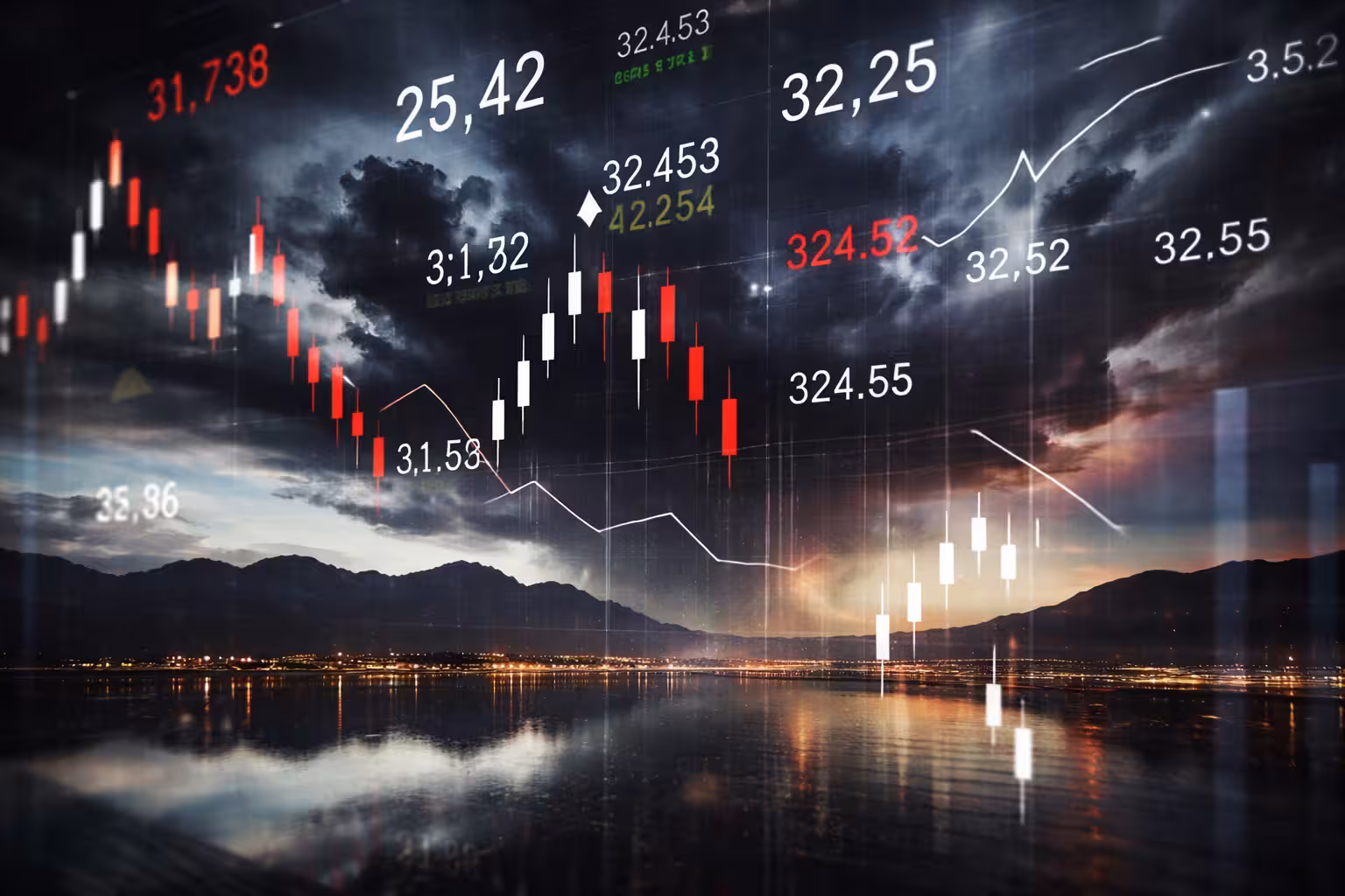 Stock market candlestick charts and price data overlaid on a stormy sky above a mountain lake at dusk.
