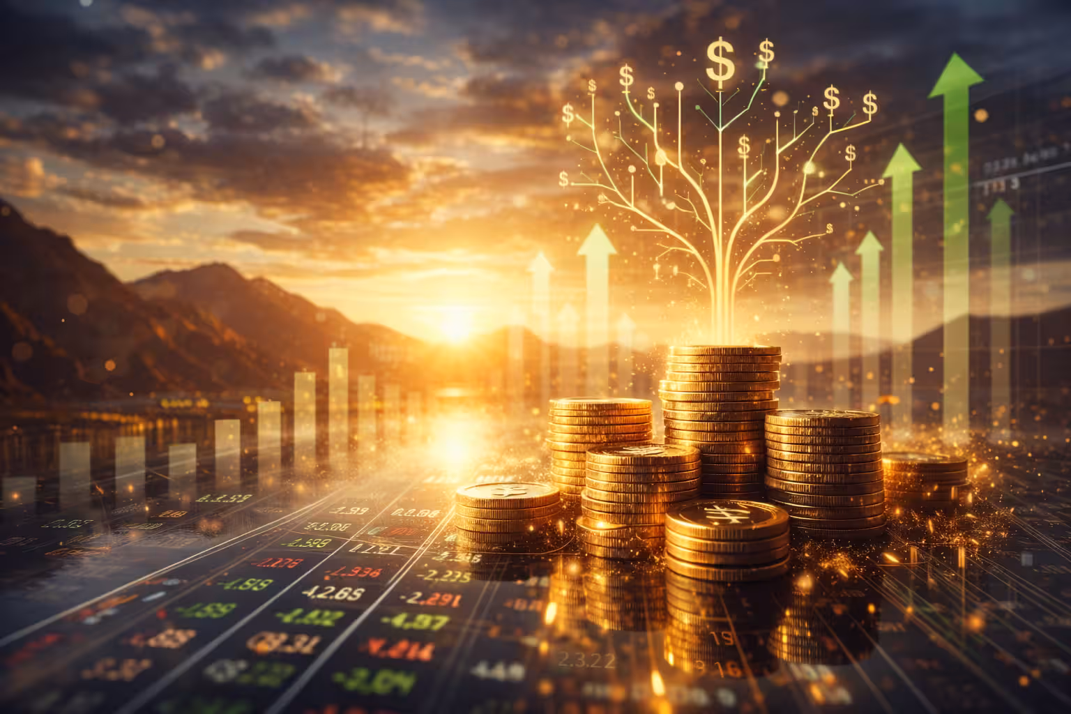 Stacks of gold coins with rising green arrows and stock market data at sunset, symbolizing financial growth and investment success.