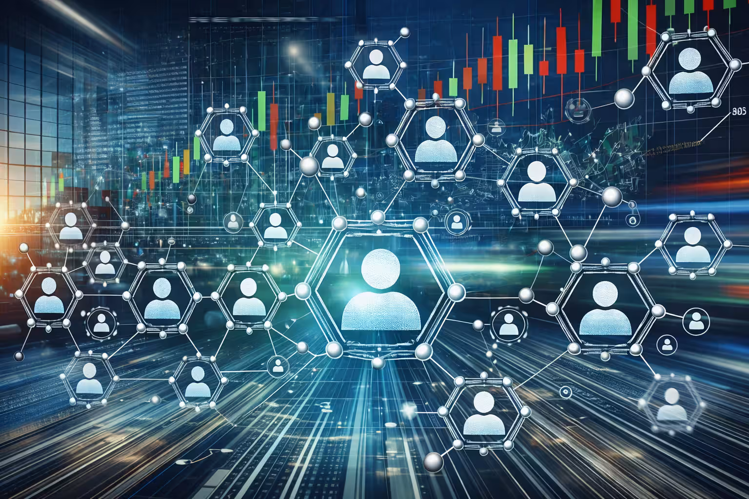 Engage with the trading community concept featuring connected user icons over stock market charts and digital financial data background.