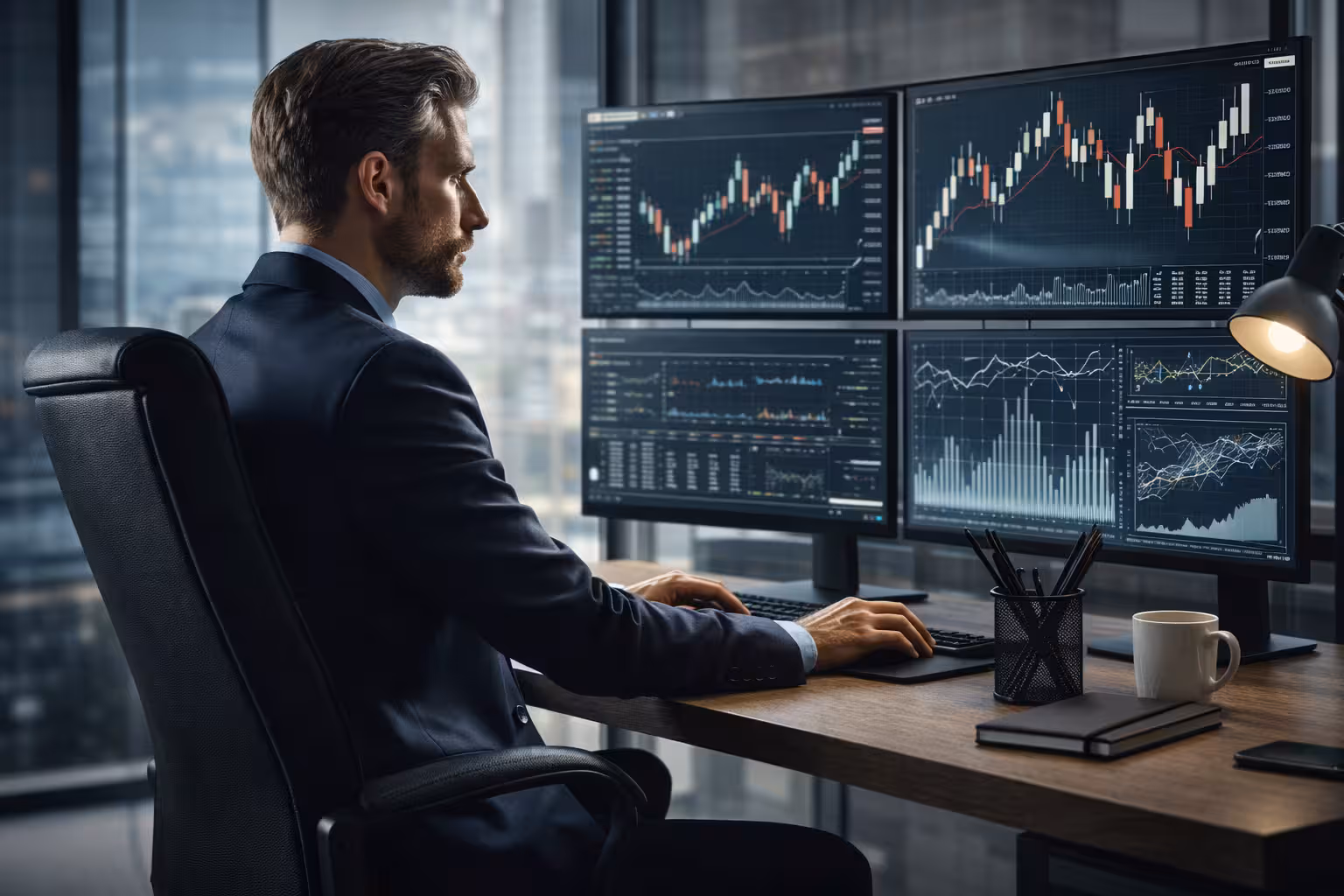Professional stock trader analyzing multiple monitors with real-time candlestick charts, technical indicators, and market data in a modern office overlooking a city skyline.