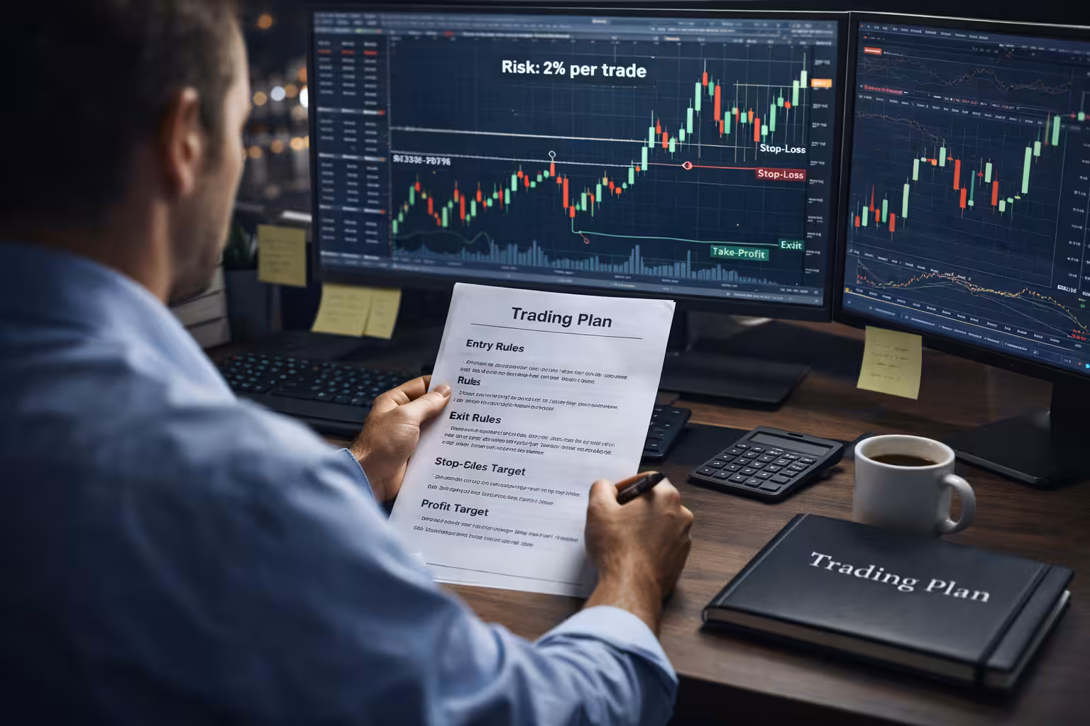Professional options trader reviewing a printed trading plan at a desk with multiple monitors displaying stock charts, risk management levels, stop-loss and take-profit markers, and a 2% per trade rule.