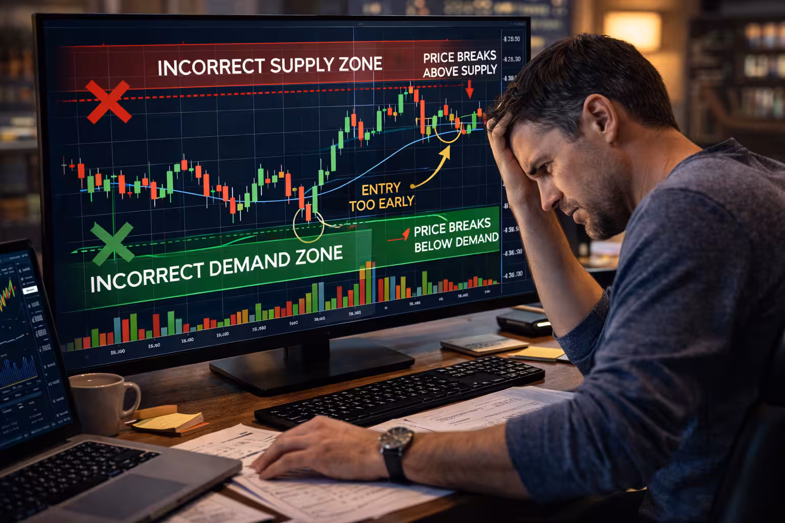 Supply and demand zones on a candlestick chart showing price bouncing from demand and reversing at supply