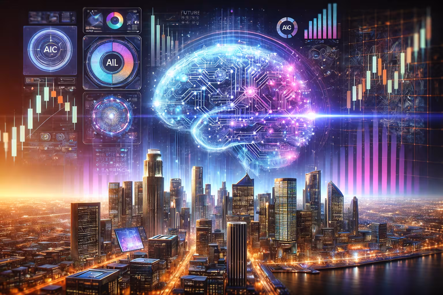 Futuristic AI cityscape with glowing digital brain, financial charts, and machine learning data visualizations above a modern skyline.