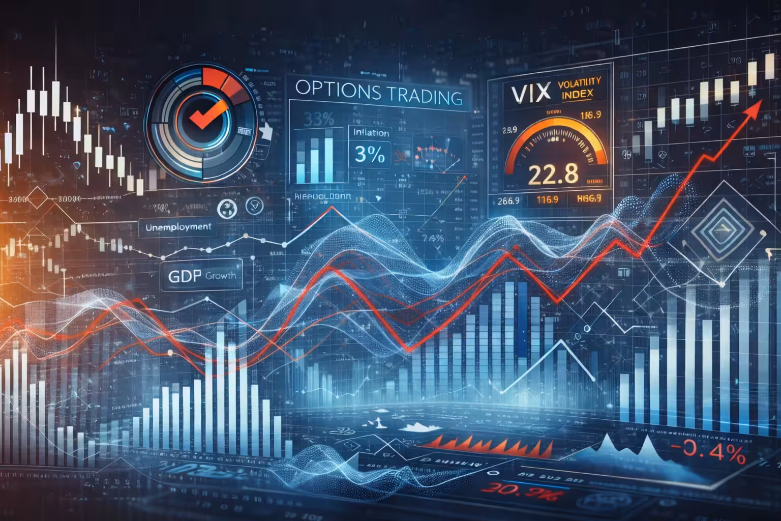 Financial volatility dashboard with VIX volatility index, options trading charts, unemployment and GDP indicators, and rising market graphs showing the impact of economic data on market volatility.