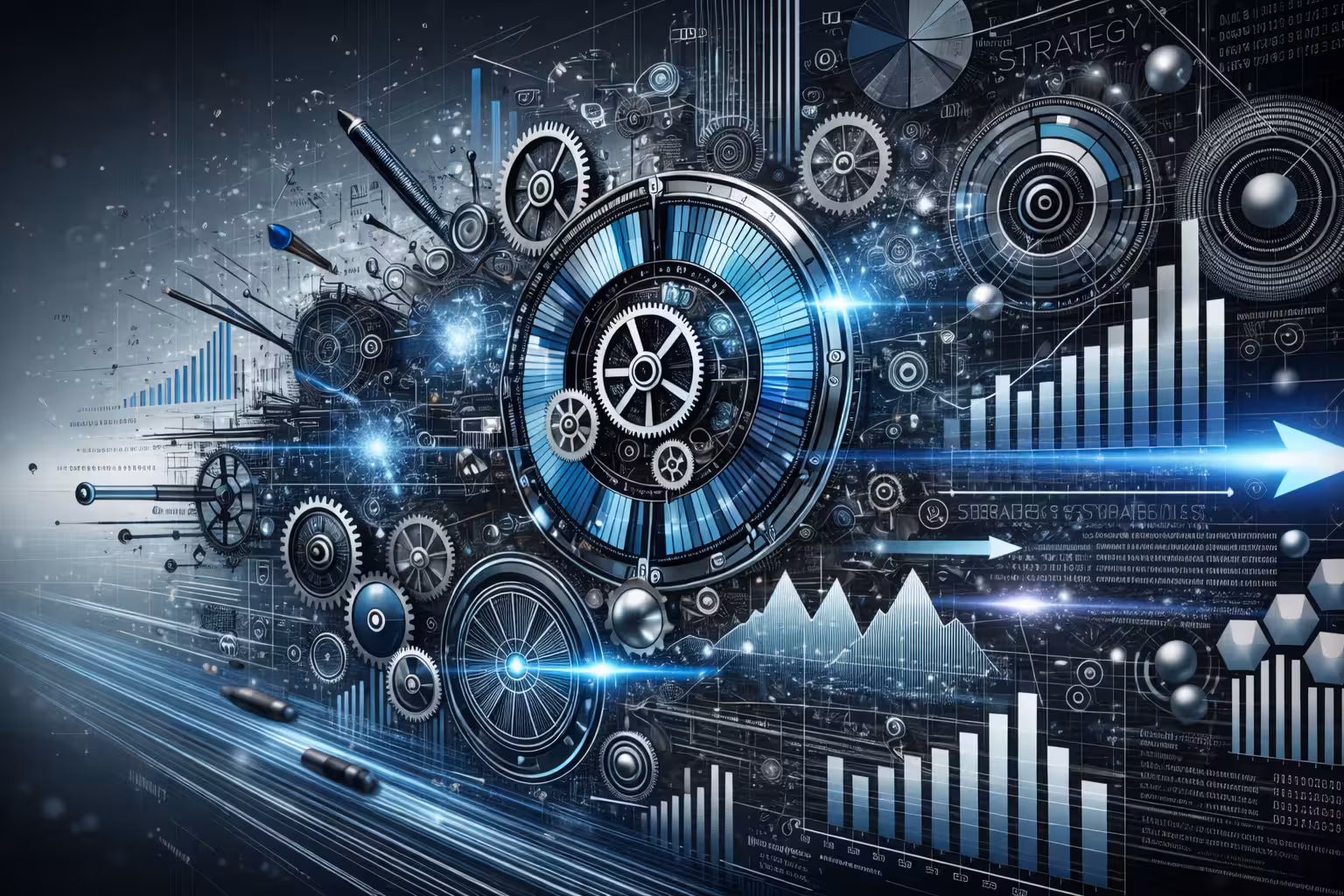 Digital strategy and analytics concept with mechanical gears, financial charts, and data visualization dashboard in a futuristic technology interface.