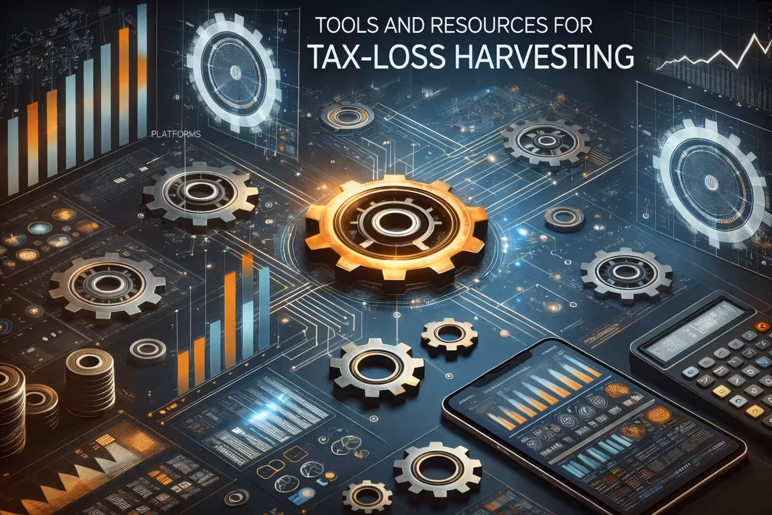 Tools and resources for tax-loss harvesting in options trading with gears, financial charts, calculator, and digital trading dashboard interface.
