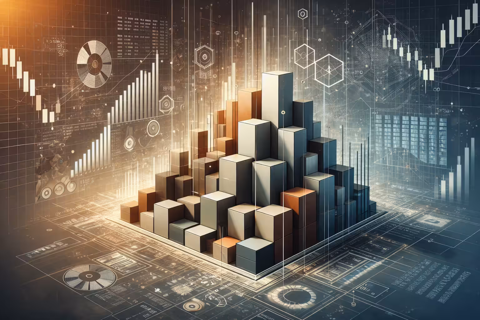 Futuristic financial data visualization featuring a 3D bar chart made of metallic blocks on a circuit board platform, surrounded by stock market charts, candlestick graphs, and digital analytics overlays.