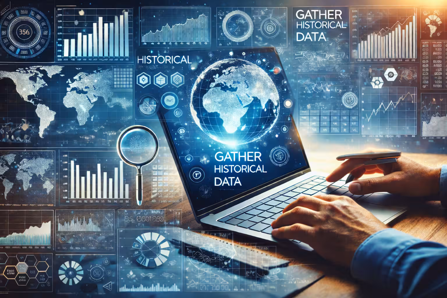 Analyst gathering historical market data on laptop with global charts, financial graphs, and data analytics dashboard.