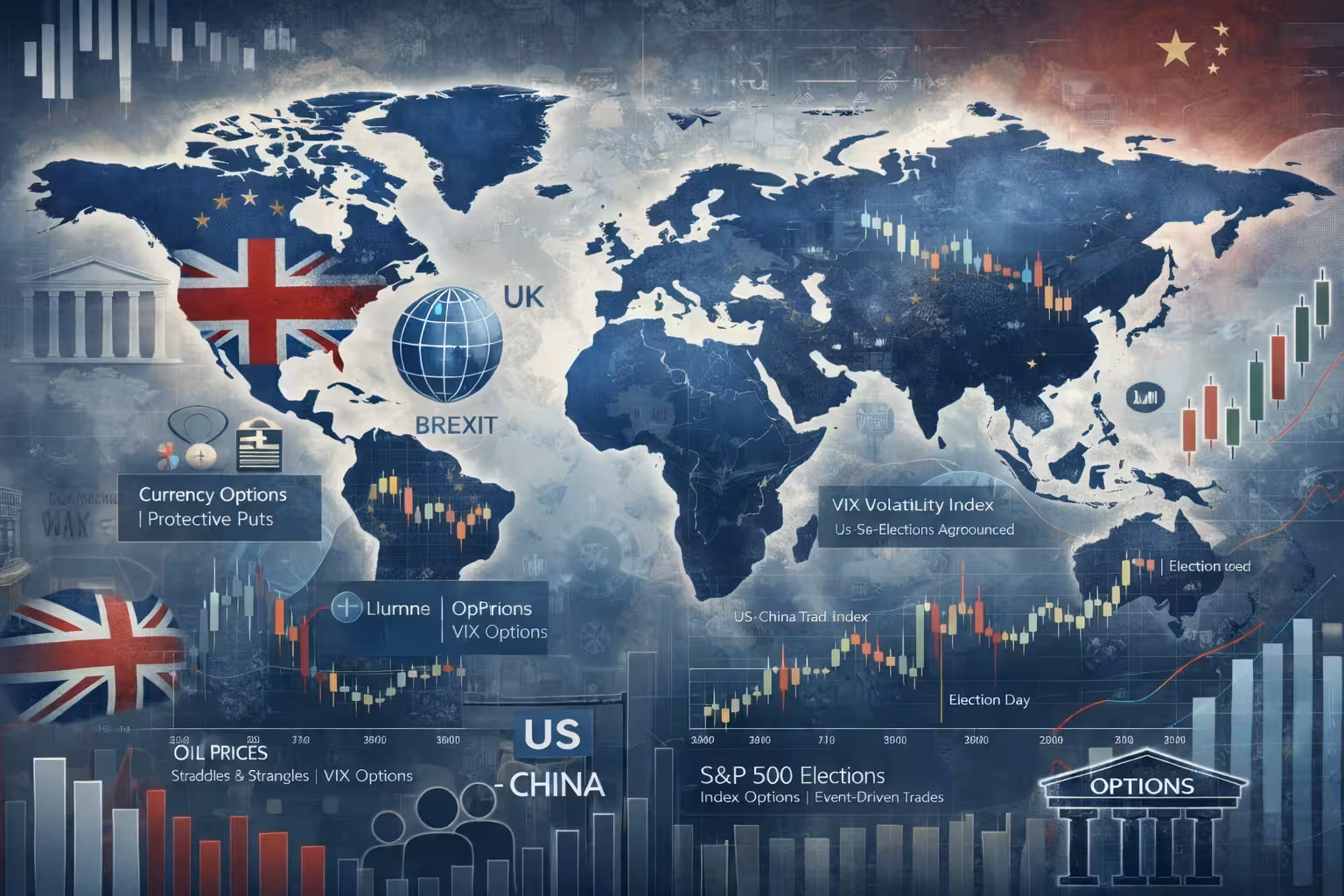 World map infographic showing the impact of geopolitical events on options markets, including Brexit, US-China trade tensions, elections, and oil price volatility.