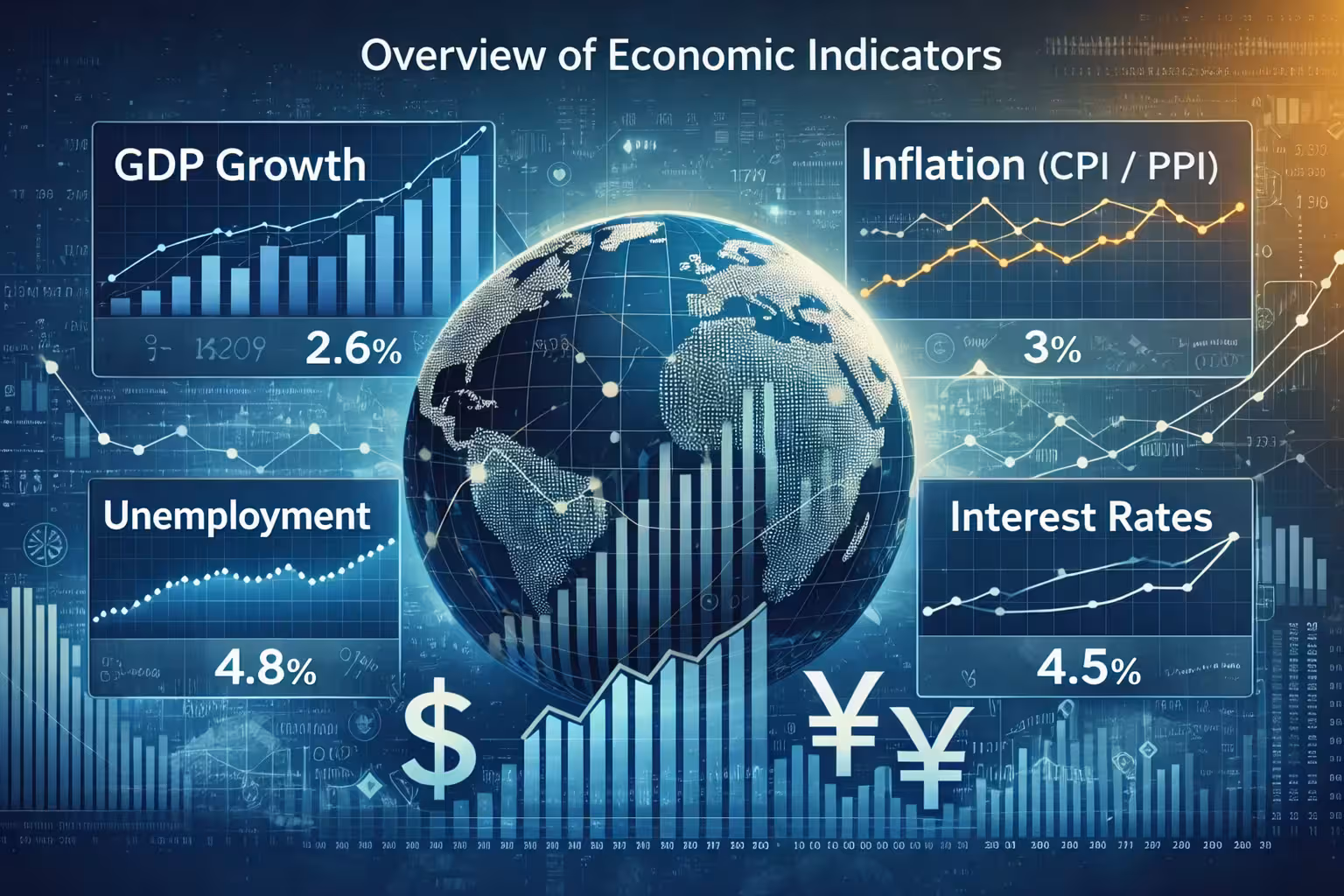 Global economic indicators infographic showing GDP growth, inflation (CPI/PPI), unemployment, and interest rates with financial charts and currency symbols around a world map.