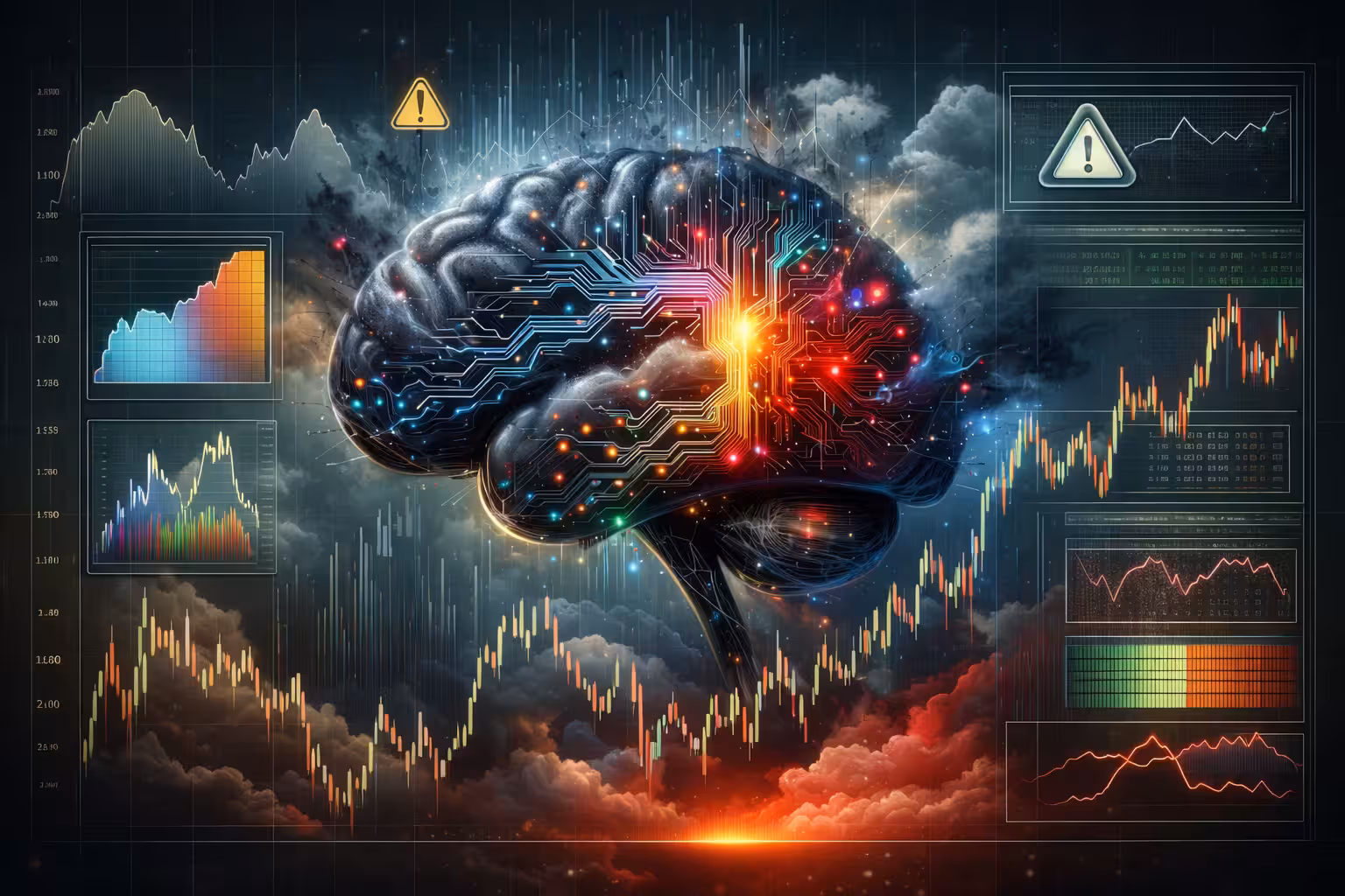AI trading concept with digital brain circuitry, financial charts, and market risk warning indicators on a data analytics dashboard.