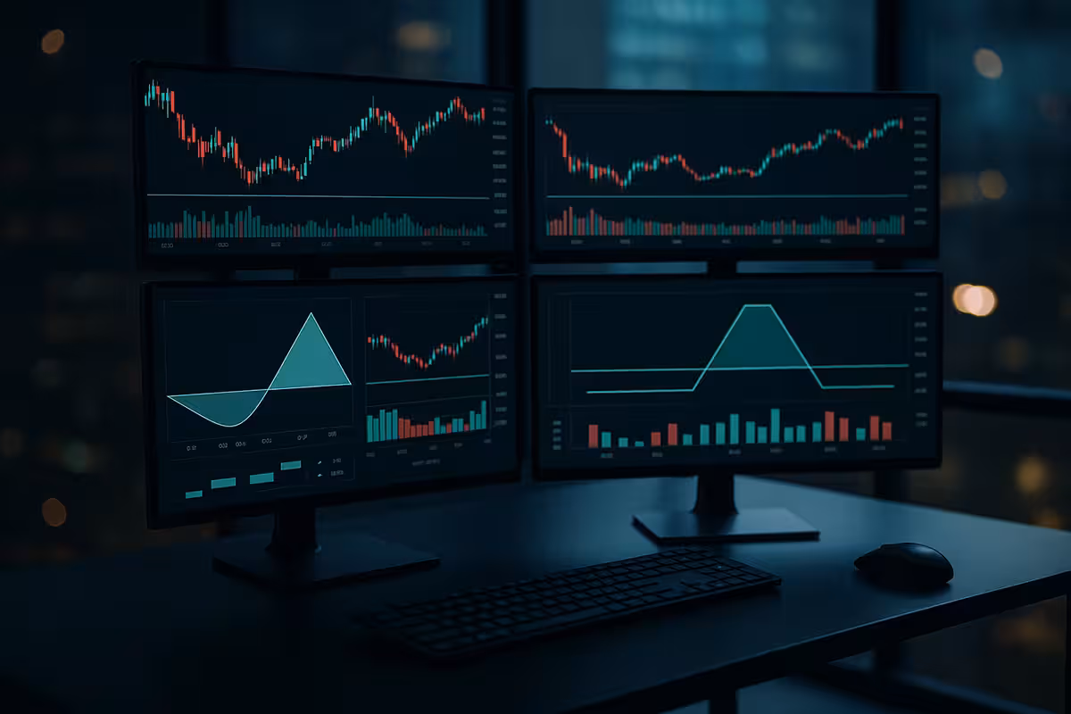 Photorealistic trading desk with four monitors displaying strategy charts—credit spreads, cash-secured puts, covered calls, and iron condors—showcasing approaches for Small Accounts.