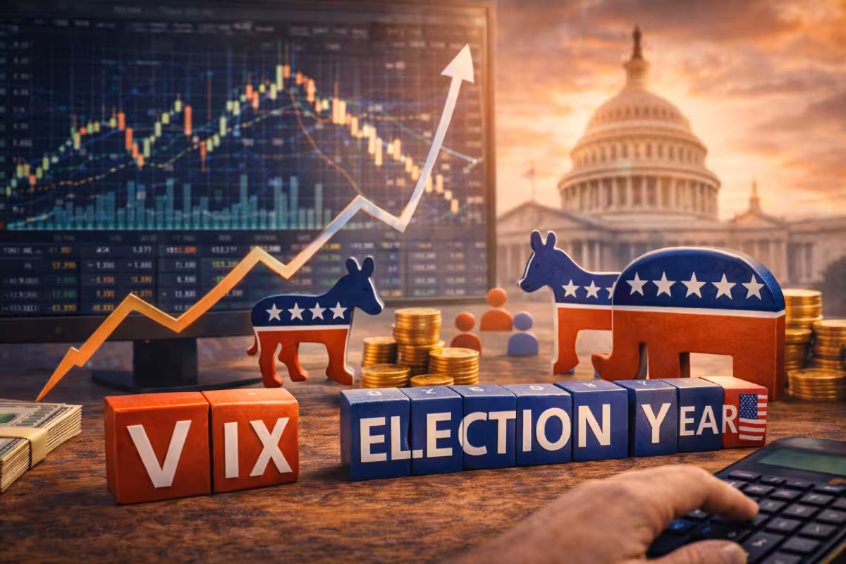 A photorealistic widescreen image showing U.S. election symbolism alongside historical market charts and volatility trends, illustrating how financial markets behave during election years.