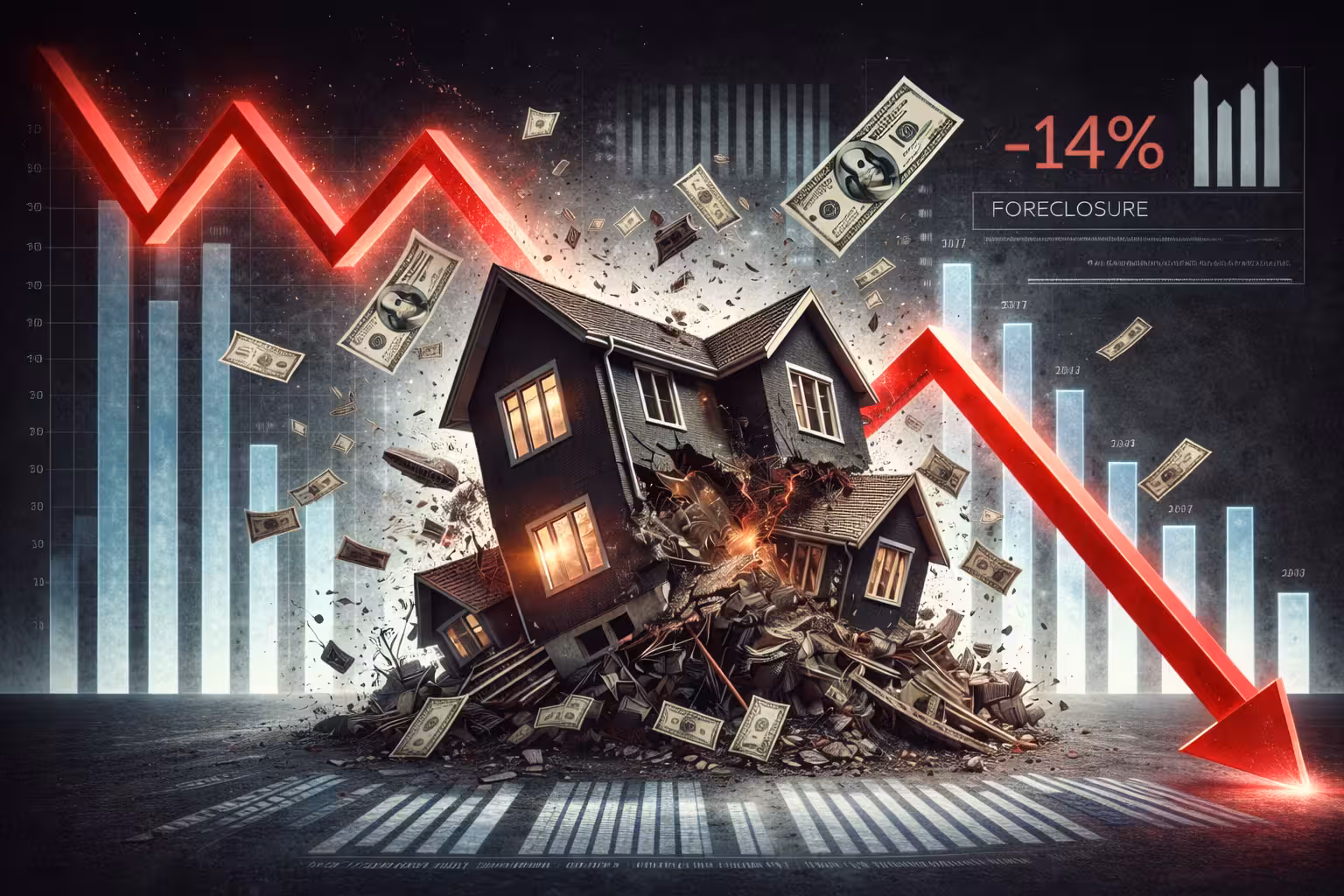 Illustration of the 2008 housing market crash showing a collapsing house, falling red market arrow, foreclosure statistics, and declining financial charts symbolizing the financial crisis.