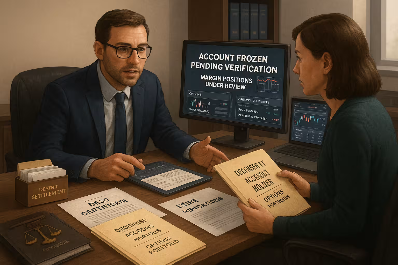 A highly realistic digital illustration of a brokerage office meeting. A well-dressed broker in a navy-blue suit and glasses sits across from a concerned family member holding a folder labeled “Deceased Account Holder – Options Portfolio.” The broker is calmly explaining the account status, gesturing toward a computer screen behind him that displays a trading platform with the message: “Account Frozen Pending Verification – Margin Positions Under Review.” On the desk, clearly visible documents include “Death Certificate,” “Beneficiary Designation,” “Tax Implications,” and “Estate Settlement Instructions.” Additional monitors show paused options contracts labeled “To Be Liquidated” and “Transfer in Progress.” A legal binder with gold scales sits nearby, and a small cardholder reads “Death/Settlement.” The atmosphere is professional, respectful, and informative, emphasizing the intersection of financial protocol and human emotion.