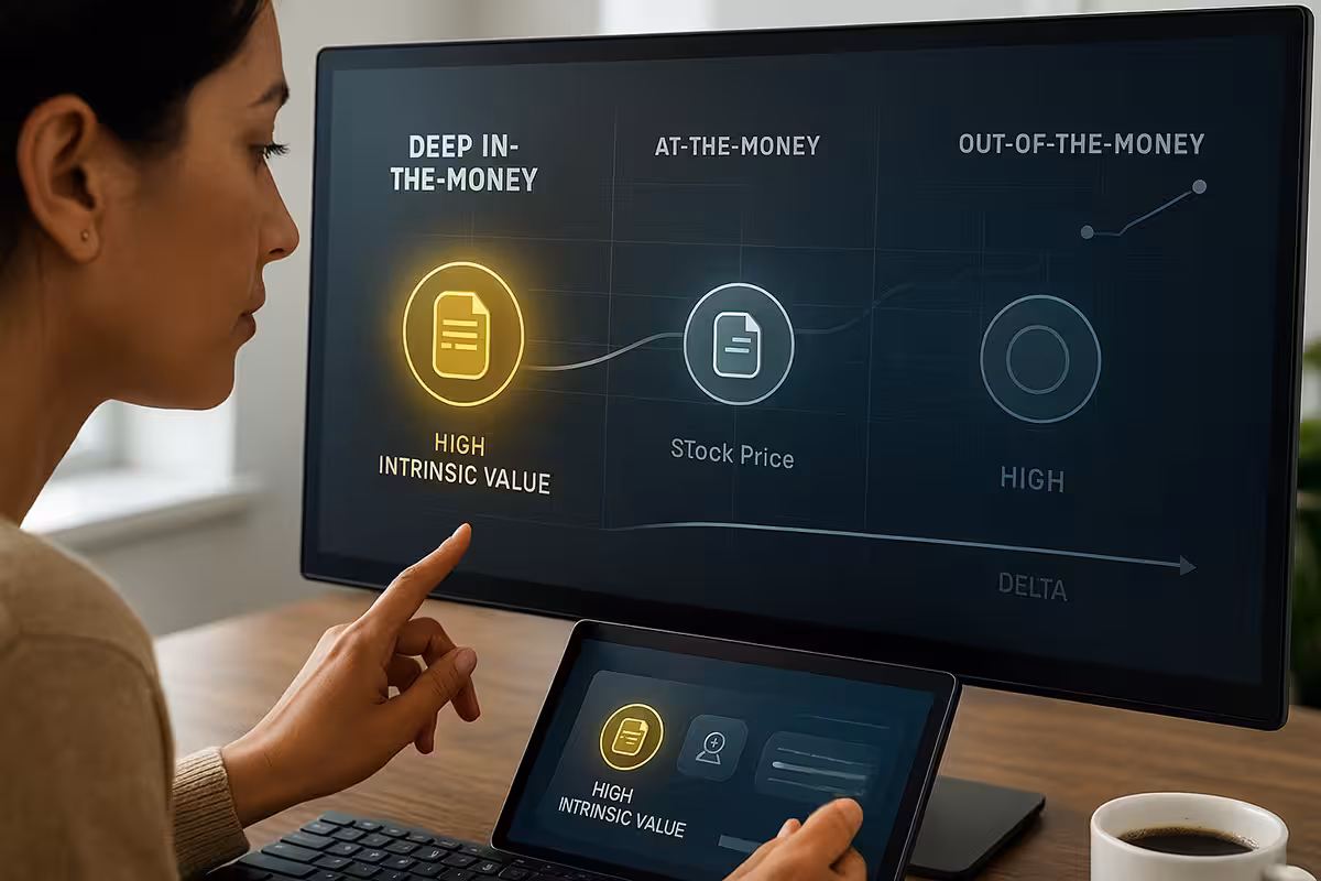 Hyper-realistic vertical image showing a female trader on the left side, interacting with a large touchscreen trading interface. The screen is divided into three zones: 'Deep In-the-Money' (highlighted in gold with 'High Intrinsic Value'), 'At-the-Money' (centered on stock price), and 'Out-of-the-Money' (dimmed with future potential arrow). A Delta bar runs horizontally along the bottom, showing gradient from low to high. The trader’s finger is extended toward the Deep ITM zone. Lighting is bright, clean, and focused.