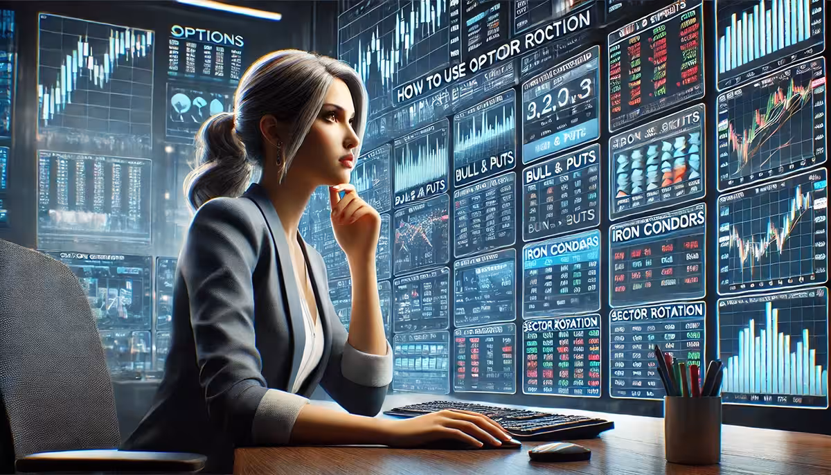 Female trader analyzing options strategies and sector rotation trends at a high-tech workstation with dynamic financial charts and a data-driven setup.