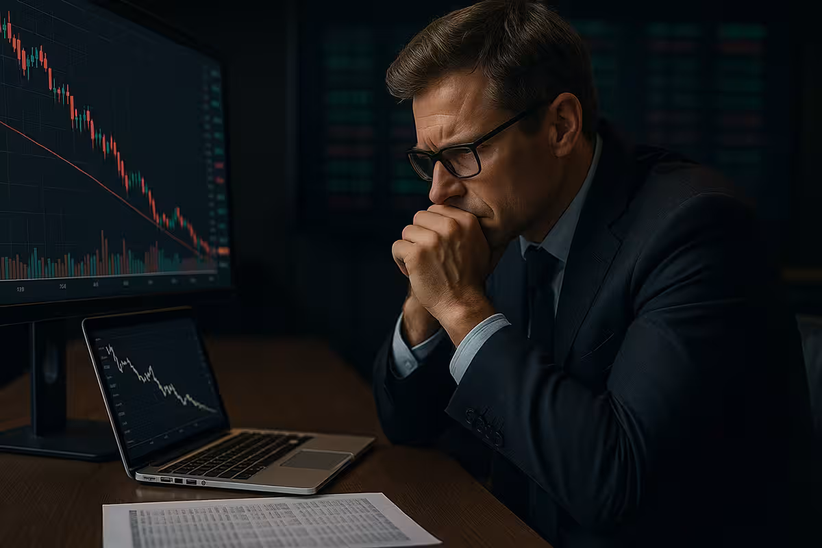 Man in suit reviewing market charts on two monitors, concerned about losses while using options to short the market.