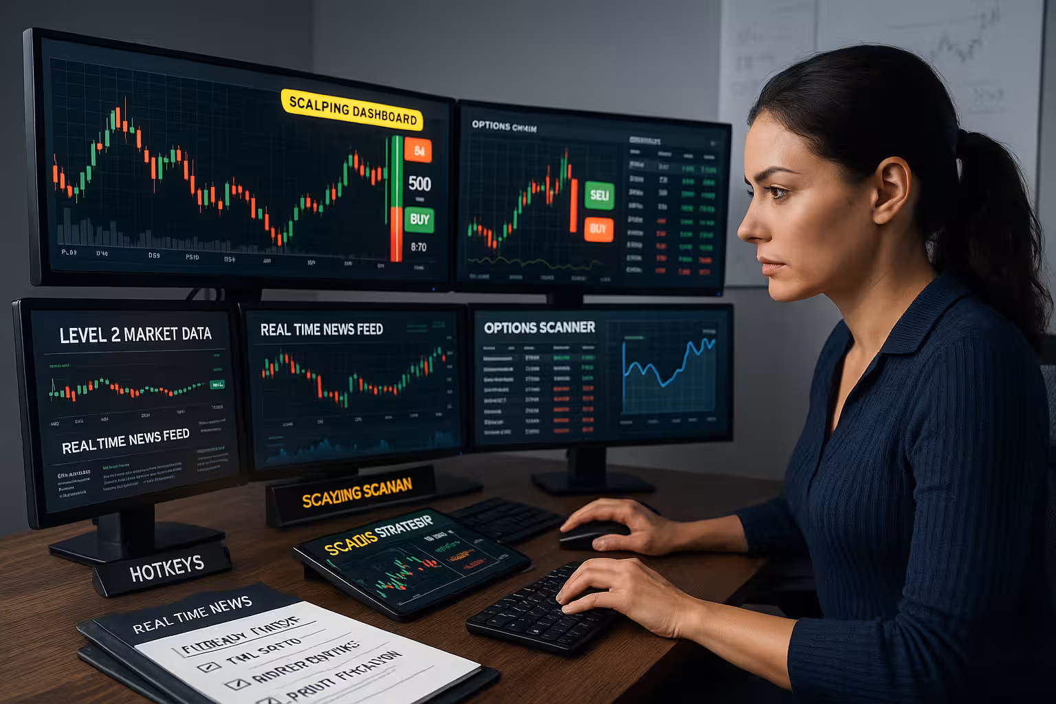 A highly realistic digital illustration of a female options trader at a sleek, modern trading desk. She is focused and intensely engaged, seated in front of multiple glowing monitors displaying ultra-fast candlestick charts, options chains, and a scalping dashboard showing rapid-fire buy/sell orders. Tools essential for scalping—like “Level 2 Market Data,” “Real-Time News Feed,” “Hotkeys,” and “Options Scanner”—are clearly visible and labeled. A digital tablet on the desk displays a diagram titled “Scalping Setup – Key Components,” showing arrows connecting entries, exits, and profit-taking triggers. The trader is surrounded by timers and live analytics tools. The scene is clean, sharp, and highly technical, with a background whiteboard featuring notes on spreads, implied volatility, and delta. The atmosphere captures the speed, strategy, and precision of live options scalping. The clipboard has been removed.