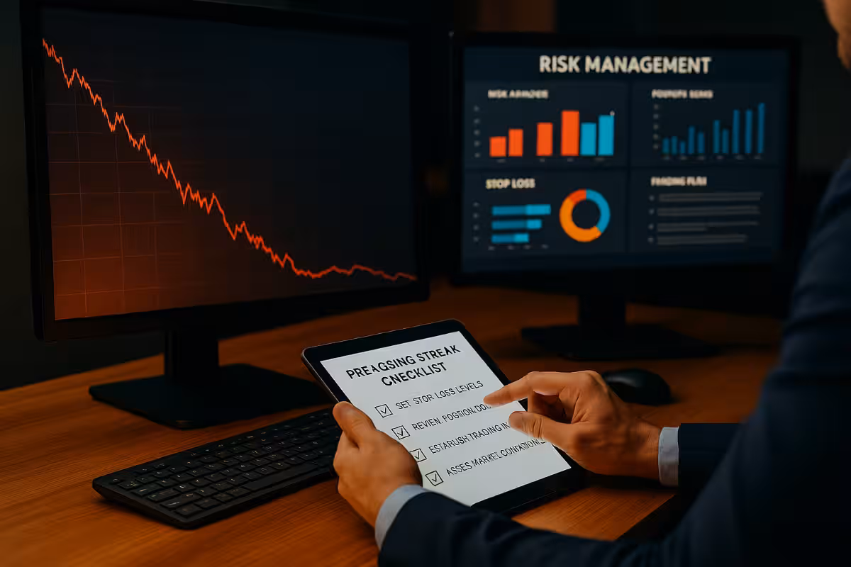 Photorealistic image of a trader seated at a desk between two monitors, one showing a steep red drawdown chart and the other a colorful risk management dashboard. The trader is holding a tablet displaying a ‘pre-losing streak checklist’ with items checked off, symbolizing how professional traders prepare for potential losing streaks with rules and planning.