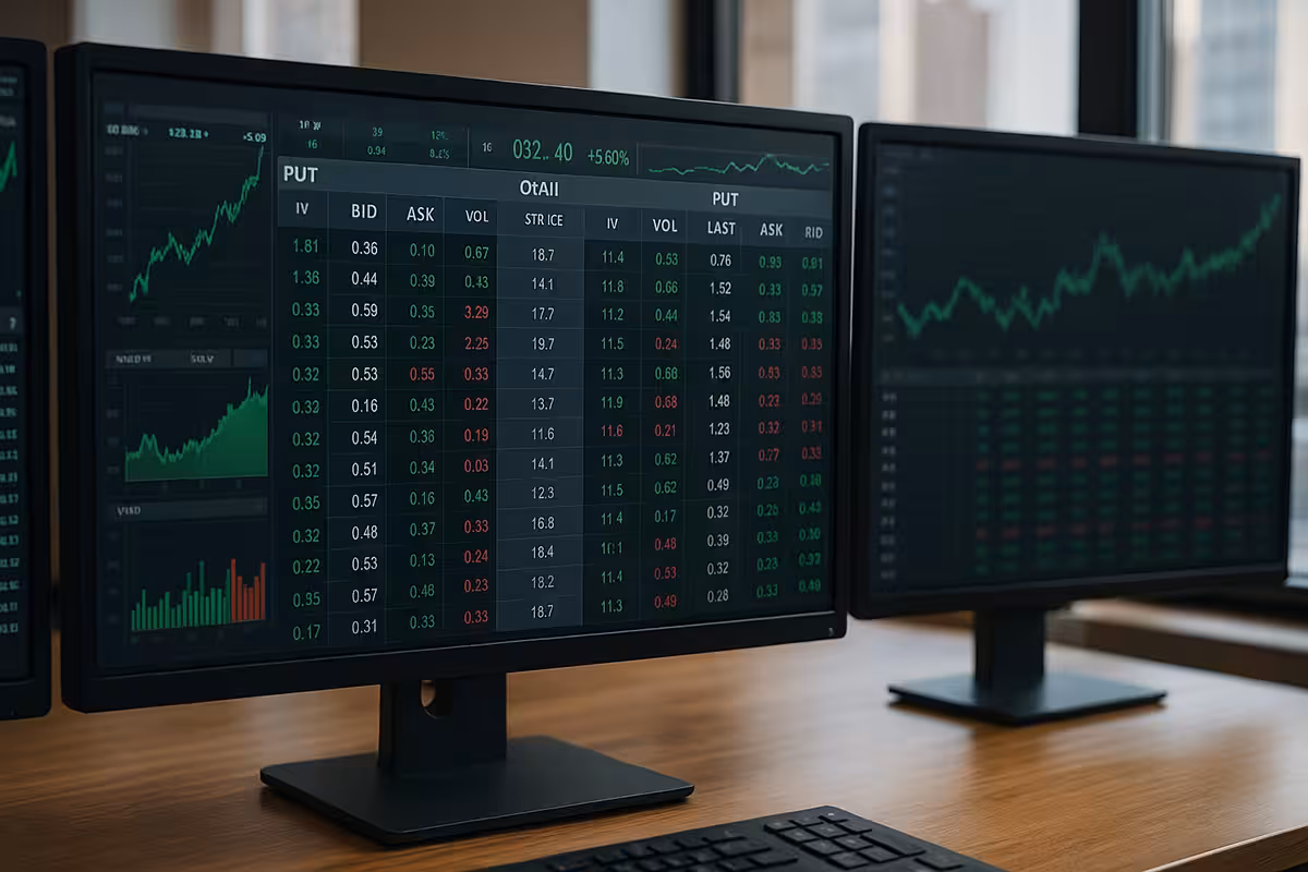 Photorealistic widescreen image of a modern trading setup with three large monitors displaying options chain data, market depth charts, and volatility graphs in a dimly lit workspace