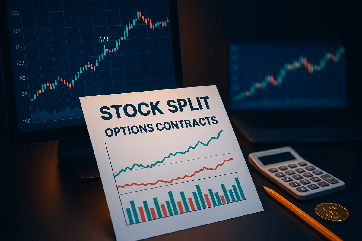 Photorealistic image illustrating how stock splits affect options contracts, featuring trading charts, financial graphs, and modern market analysis tools in a professional trading setup.