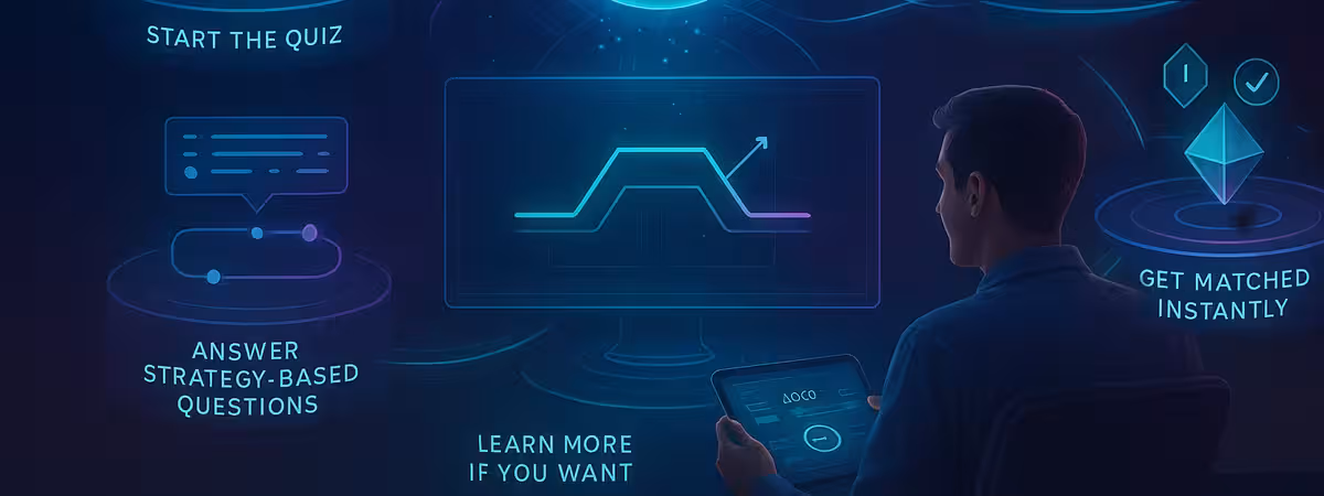 Futuristic digital illustration of a 5-step journey through an AI-powered Options Strategy Builder. At the center is a glowing AI orb radiating neon energy. Surrounding it in a spiral: Start the Quiz – portal with sliders and user icons Answer Strategy-Based Questions – risk dials, timers, data arcs Get Matched Instantly – crystal projects multi-leg strategy chart Learn More if You Want – glowing data ribbon with knowledge nodes Take It for a Spin – console with a glowing confirmation ring. All set in ambient neon blue, purple, and green tones symbolizing intelligence and clarity."