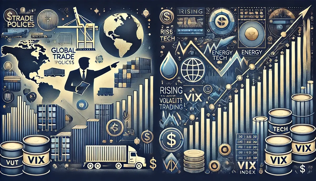 A professional and visually compelling digital illustration showing the impact of trade policies on the options market. On the left, depict abstract symbols of tariffs and global trade tensions—such as cargo containers, shipping routes, and a silhouette of a government figure pointing at trade documents. On the right, illustrate financial market reactions—rising volatility represented by a fluctuating graph, and key sectors like automotive, tech (Apple logo or circuit board), energy (oil barrels), and gold bars with option trading symbols like call/put charts and the VIX index. Use a clean, modern style with realistic textures and financial tones like navy, gold, and silver.
