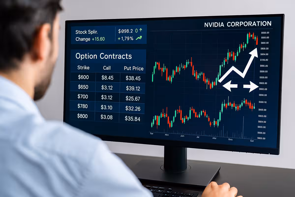 Photorealistic image showing a financial analyst reviewing Nvidia stock split impacts on options contracts, with a widescreen monitor displaying charts, strike prices, and contract adjustments.