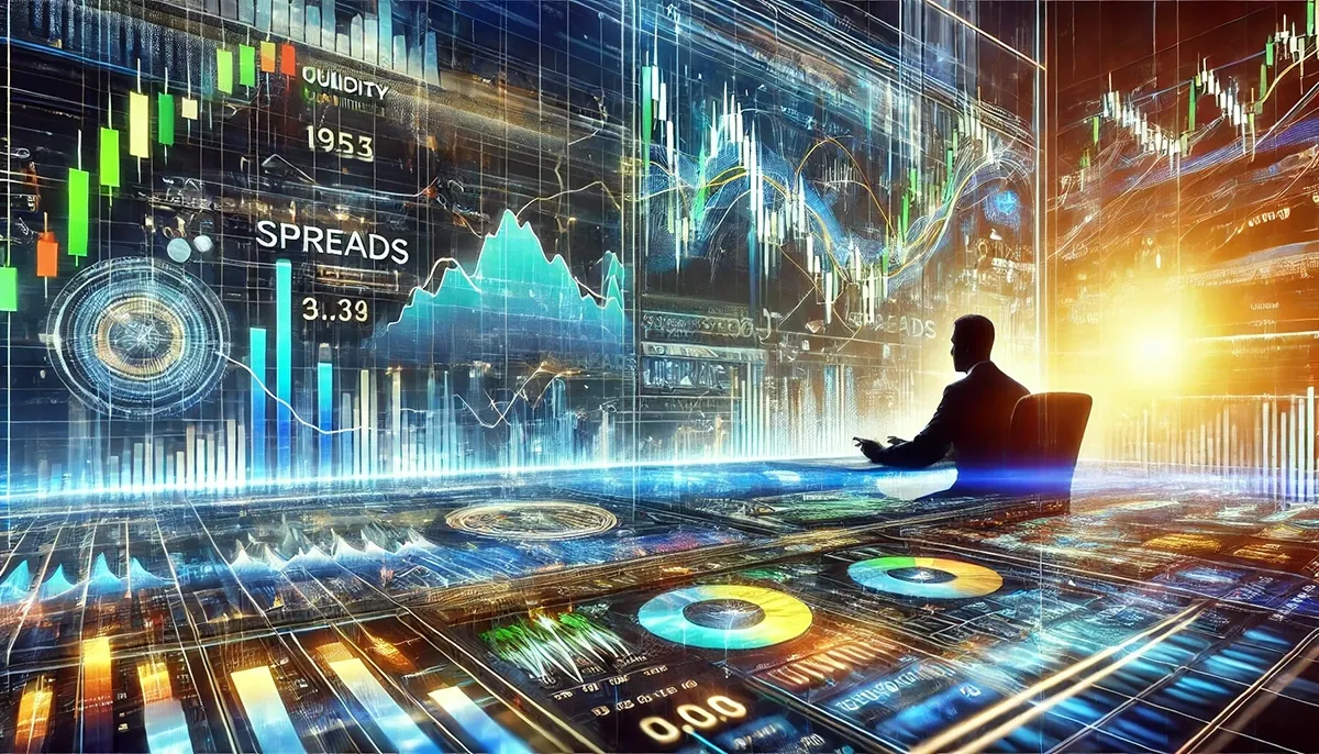An abstract digital artwork symbolizing liquidity and bid-ask spreads in options trading. The image features a futuristic financial dashboard displaying market metrics, graphs, and numerical data. Vibrant colors of blue, green, and gold create a sophisticated, data-driven atmosphere.