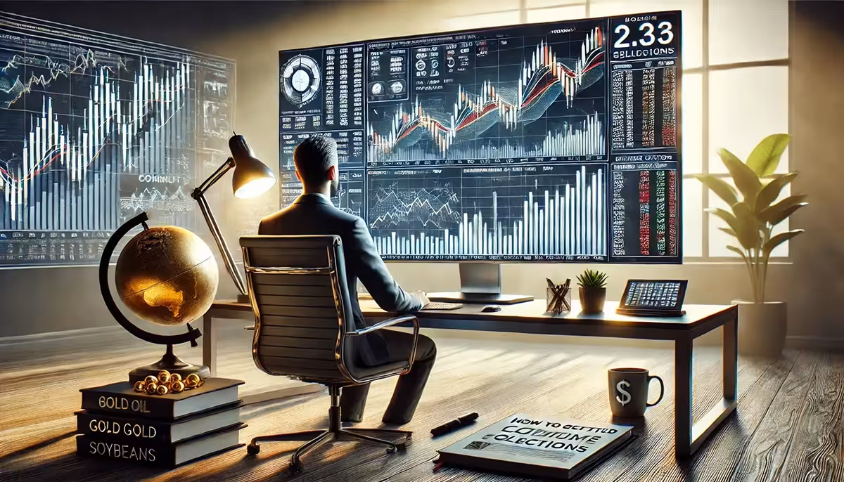 A man in an office setting analyzes financial graphs on a large monitor, surrounded by warm lighting. Books on gold, oil, and soybeans are stacked nearby.