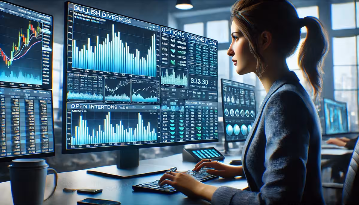 A woman in business attire analyzes financial data on multiple computer monitors in an office. The screens display charts and graphs, suggesting a focused, analytical atmosphere.