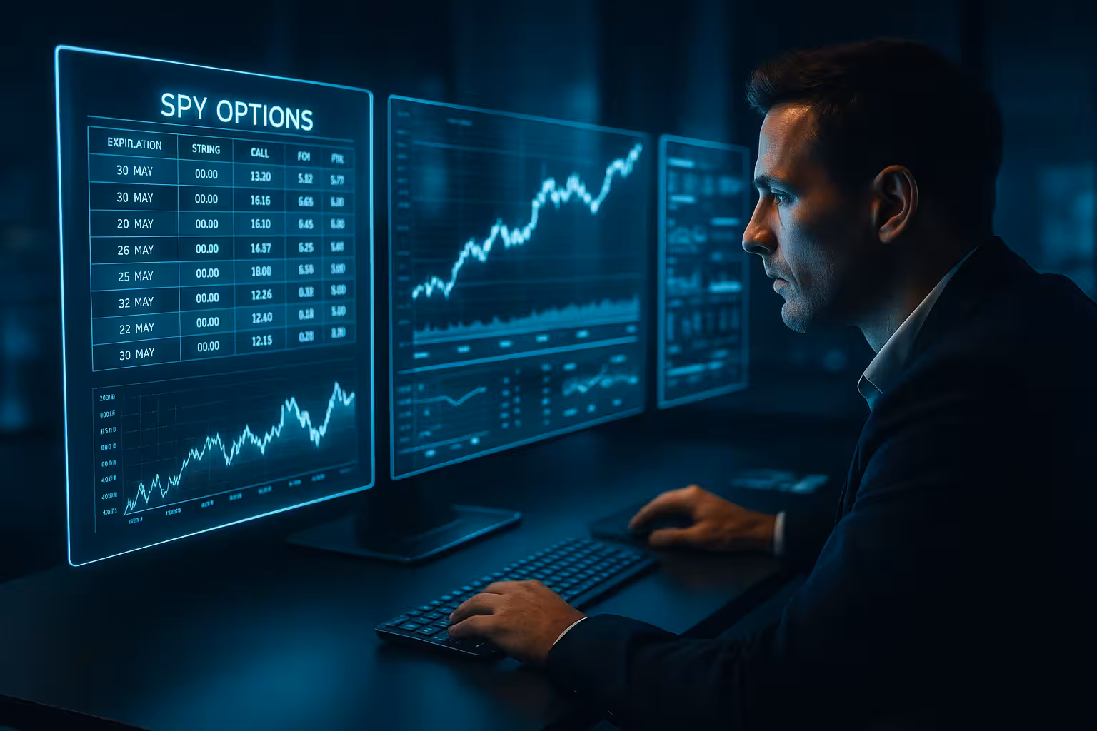 Photorealistic widescreen image of a trader at a futuristic desk with holographic SPY Options chains and S&P 500 charts, symbolizing how to start trading SPY Options.