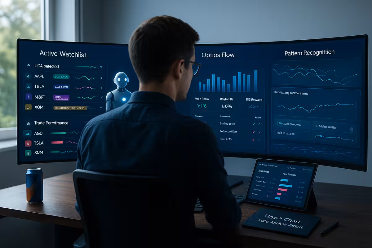 A highly realistic, widescreen digital illustration of a professional options trader seated at a sleek desk, facing a panoramic triple-monitor setup. The left screen shows an “Active Watchlist” with tickers tagged by options flow signals like “UOA Detected” and “Call Sweep,” with sentiment and volume indicators. The center screen features a “Trade Performance Tracker” with win/loss stats, average P/L, and annotated trade outcomes. The right screen displays “Pattern Recognition” with AI-generated flow patterns and automated recommendations. A digital notepad reads “Flow > Chart — Track. Analyze. Adjust.” in a bright, futuristic workspace.