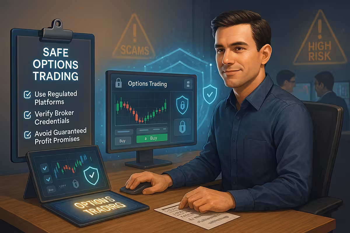 A highly realistic digital illustration of a confident male trader seated at a modern, secure trading desk. He is dressed in a navy-blue shirt, looking calm and focused while analyzing charts on a trusted options trading platform. The interface is surrounded by glowing security icons, including locks and shields, representing strong digital protection. To one side of the desk is a glowing checklist titled “Safe Options Trading,” with bullet points such as “Use Regulated Platforms,” “Verify Broker Credentials,” and “Avoid Guaranteed Profit Promises.” In the background, dim warning signs labeled “Scams” and “High Risk” are pushed back and shielded by a digital security barrier, reinforcing the sense of safety. The overall scene is professional, reassuring, and educational, portraying a smart and cautious approach to trading.