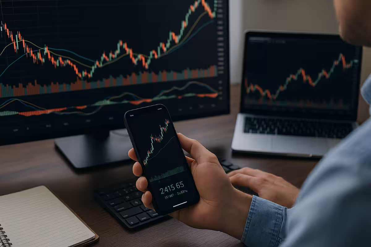 Photorealistic image of a trader using a smartphone and laptop with financial charts, alongside a notebook for journaling, symbolizing how to use paper trading the right way.