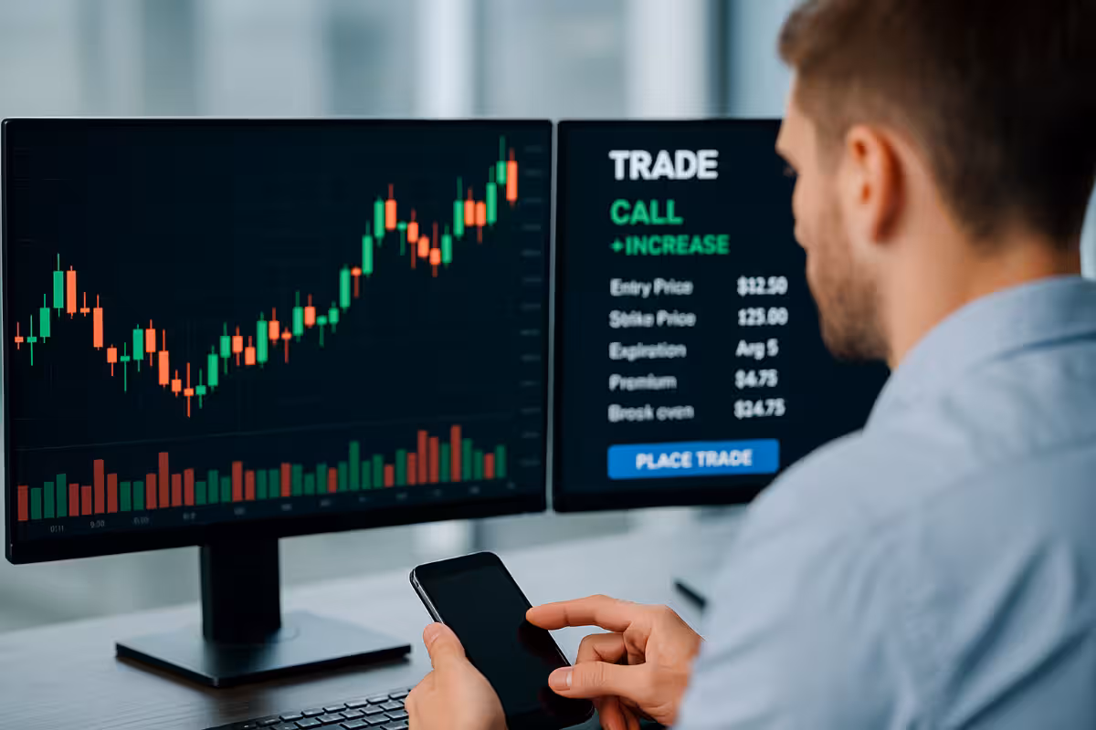 Trader analyzing candlestick charts on dual monitors while preparing an options trade.