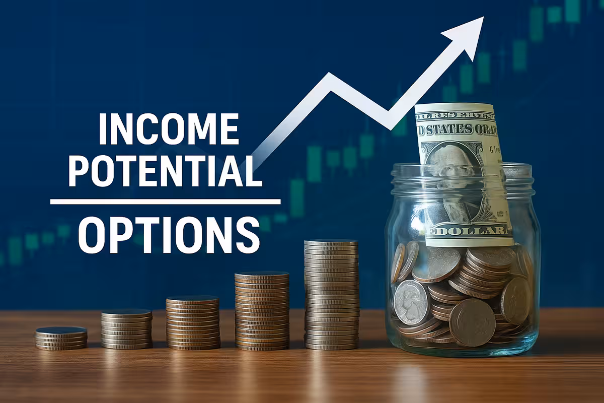 Photorealistic widescreen image of rising stacks of coins and a laptop with financial graphs, symbolizing income potential from options trading in a home office setting.