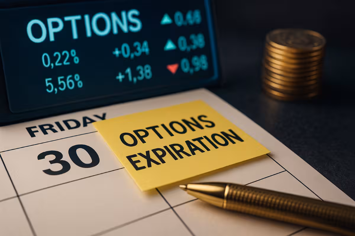 Close-up of a calendar marked Friday with a sticky note labeled Options Expiration, alongside financial charts and coins, symbolizing the importance of Expiration Friday.
