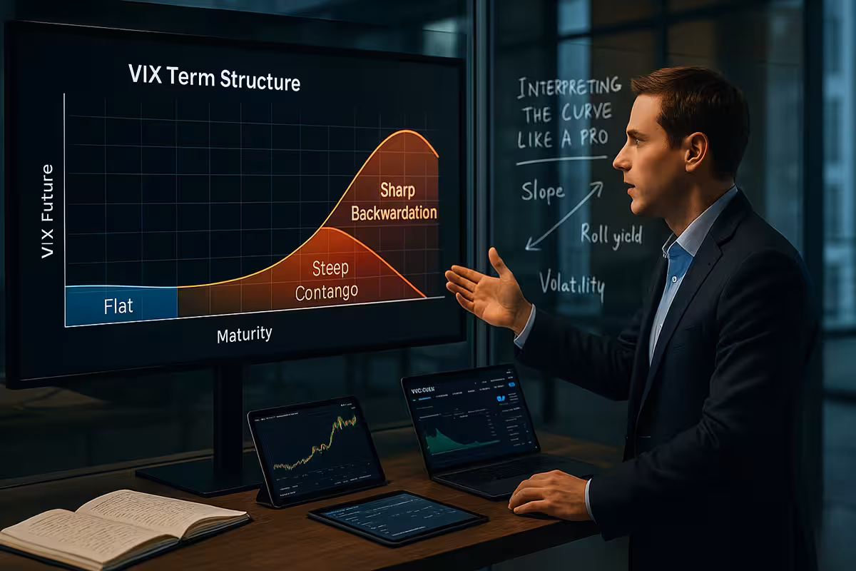 Trader explains a 3D VIX term structure graph showing flat, steep contango, and backwardation. Notes on a glass board highlight slope, roll yield, and volatility. Tablets display VIX data.