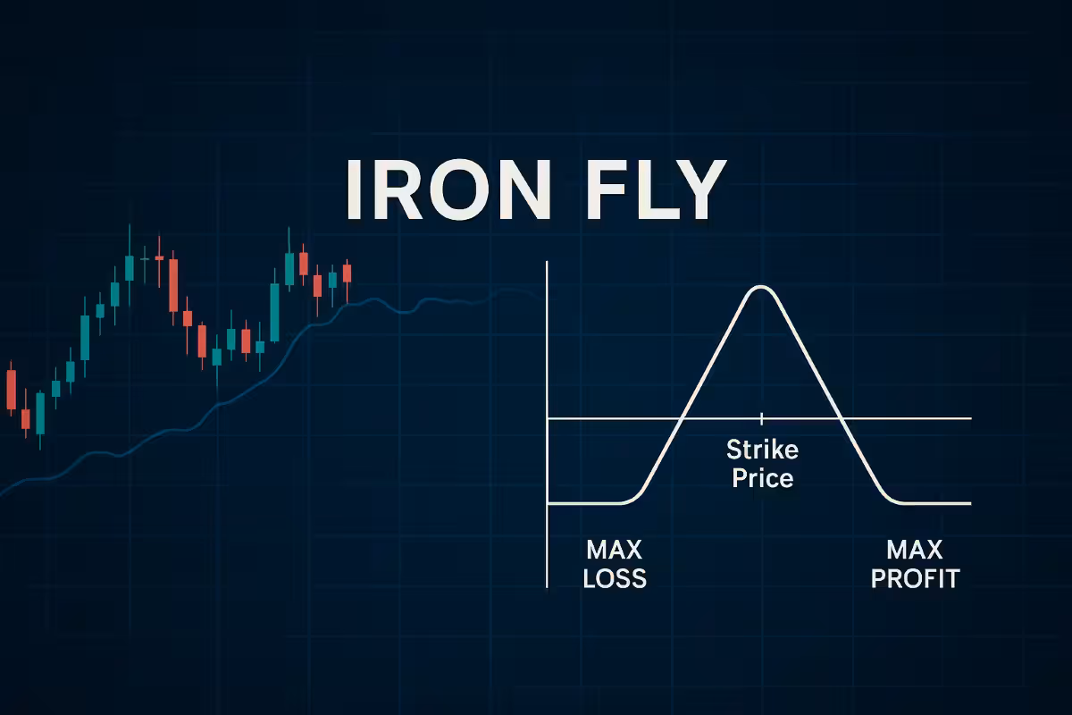 Option trading risk graph showing a market-neutral payoff curve with candlestick chart, representing the Iron Fly strategy for range-bound expectations.