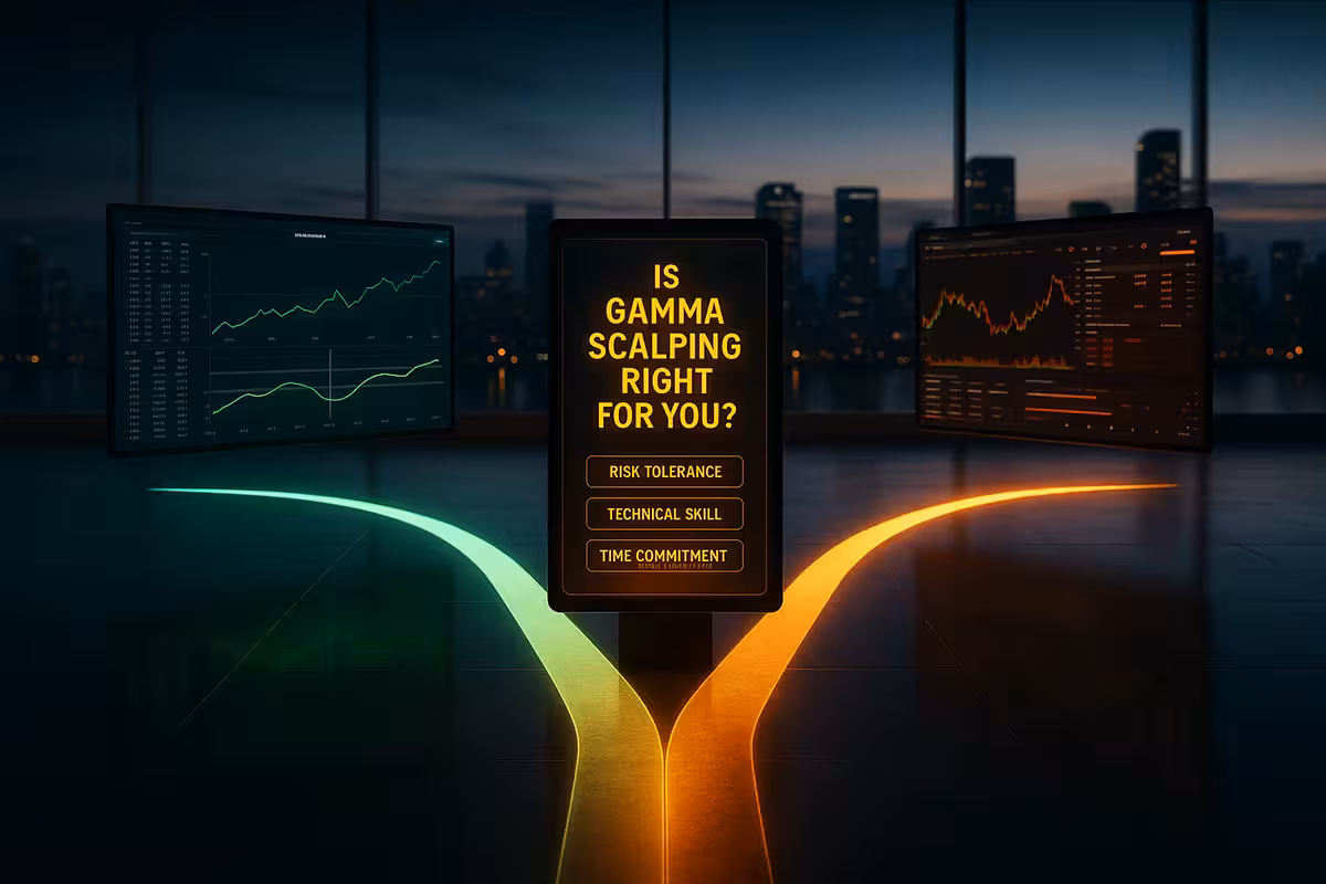 A photorealistic, widescreen image of a modern trading environment at night, with a glowing fork in the road splitting across a reflective floor. The left path, lit in green, leads to a floating screen showing a calm gamma scalping chart with balanced trends and steady gains. The right path, glowing in orange, leads to a blurrier screen filled with volatile price swings, red alerts, and dense data—indicating a mismatch in strategy. At the center of the fork stands a glowing digital sign reading “Is Gamma Scalping Right for You?” with touch options below: Risk Tolerance, Technical Skill, and Time Commitment. A city skyline is visible through tall glass windows in the background. The tone is reflective and strategic.