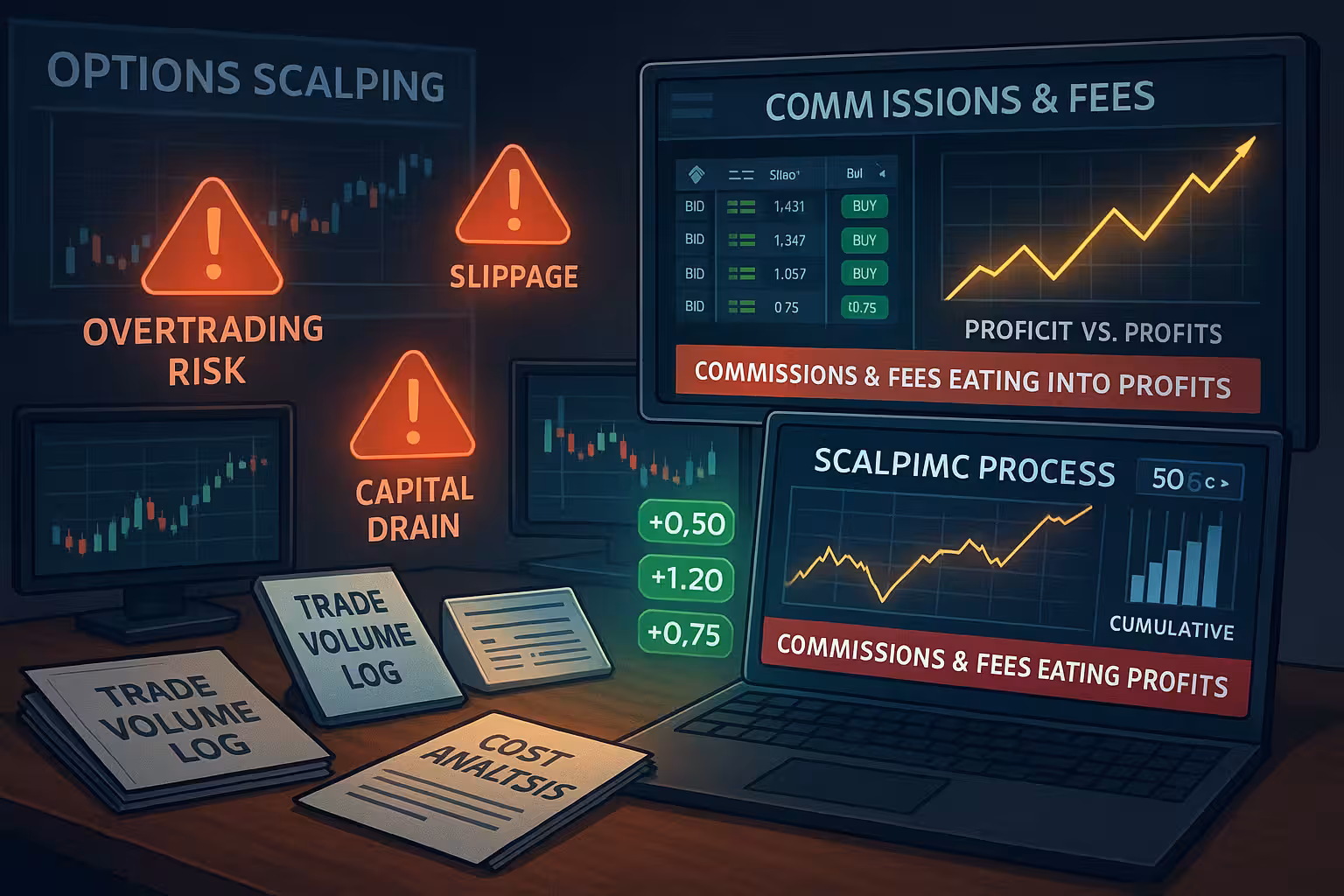 A highly realistic digital illustration of a high-tech financial trading desk setup, with no trader present. The scene includes multiple ultra-modern monitors displaying fast-moving candlestick charts, options chains, and profit indicators such as “+0.50,” “+1.20,” and “+0.75.” A digital performance dashboard highlights cumulative gains along with a warning bar labeled “Commissions & Fees Eating Into Profits.” Floating red warning icons appear beside the desk, labeled “Overtrading Risk,” “Slippage,” and “Capital Drain.” On the desk are neatly stacked documents titled “Trade Volume Log” and “Cost Analysis.” In the background, a glowing analytics chart visually represents the delicate balance between “Profit Potential” and “Execution Cost.” The environment is sharp, analytical, and futuristic, conveying the high-stakes, data-driven world of options scalping—without a person in the frame.
